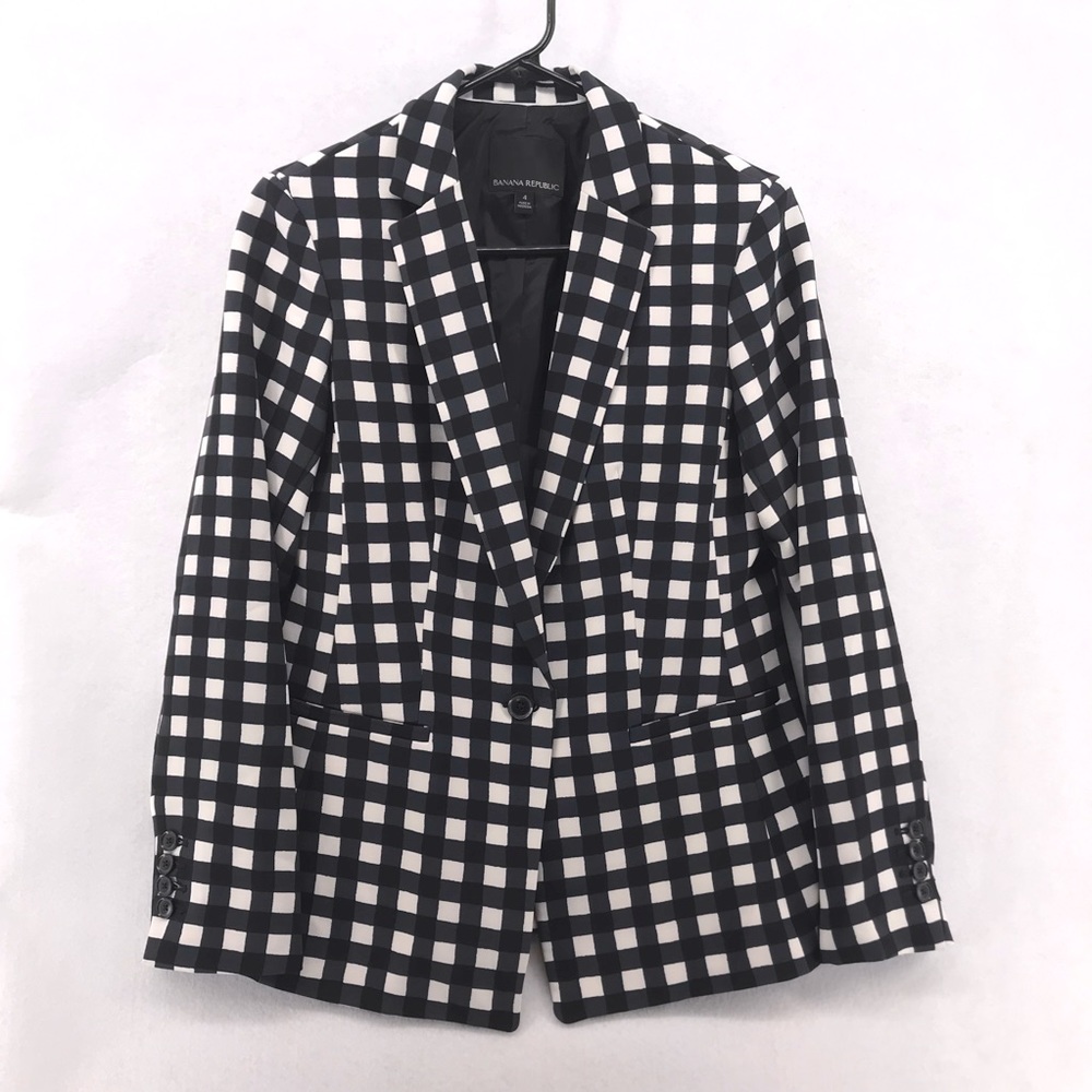 Banana Republic Blue Black White Plaid One Button Blazer Size 4 Career Style